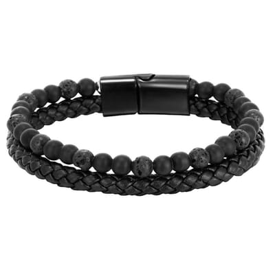 Fako Bijoux - Leren Natuurstenen Armband Heren - Zwart Leer - Zwarte & Lavasteen Natuursteen - 6mm - 21cm - Zwart/Lavasteen