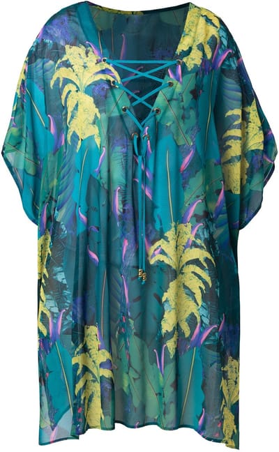 Ulla Popken - Dames - Tuniek jungle V-hals vetersluiting korte mouwen - Turquoise groen - Maat 1+