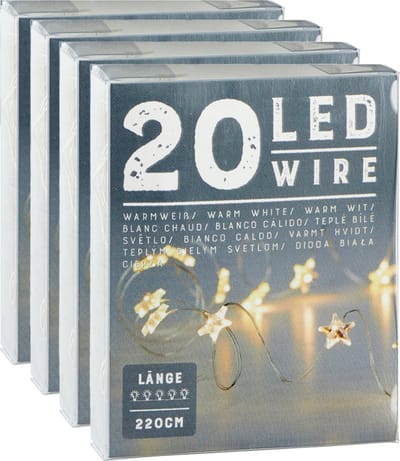 Cepawa Draadverlichting lichtsnoer sterren - 4x - 220 cm - 20 leds - warm wit - batterij
