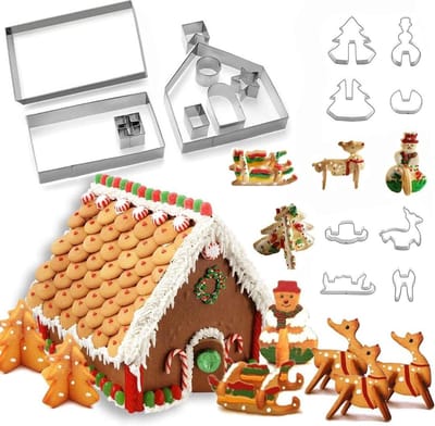 Complete Set van 18 Kerstkoekjesvormen in RVS voor het Maken van Gemberbroodhuisjes, Kerstboom en Sneeuwman Koekjes