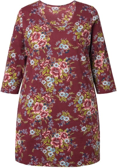 Ulla Popken - Dames - Longshirt bloemen A-lijn ronde hals 3/4-mouwen - Bordeaux - Maat 42+
