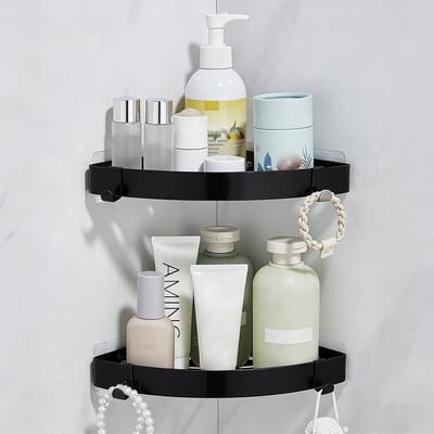 Dailygoods- Doucheplank zonder boren - Hoekrek - Roestvrij staal - Shampoohouder - 2 stuks - Zwart - Doucherek