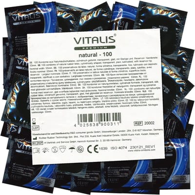 VITALIS 100 Condooms Pack Natuurlijkal, Nominale breedte 53 mm, Gevoelsechte natuurlijke kleur, met glijmiddel op siliconenbasis