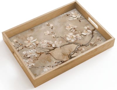 Dienblad hout 40x30 cm - Schootdienblad - Bloemen - Modern - Beige - Wit - Bloesem - Borrelplank rechthoek - Plateau dienbladen