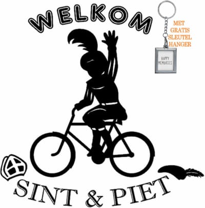 Raam / Muursticker Welkom Sint & Piet op de fiets zwart | Rosami
