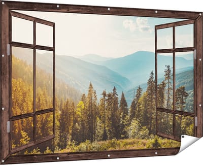 Gards Tuinposter Doorkijk Bos met Bomen in de Hoge Bergen - 180x120 cm - Tuindoek - Tuindecoratie - Wanddecoratie buiten - Tuinschilderij