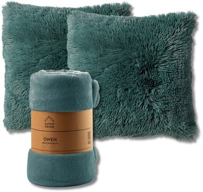 Dutch Decor - VOORDEELSET - 3-delig - Fluffy & Owen - 2 sierkussens 45x45 cm - 1 plaid 130x160 cm - groen
