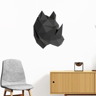 3D origami sticker van een zwarte neushoorn in profiel, 60 x 50 cm