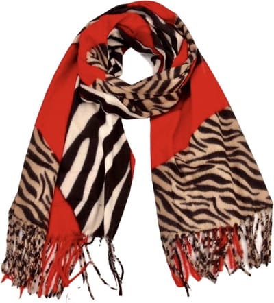 Dames lange sjaal warm met zebra/tijgerprint rood/zwart/wit/beige
