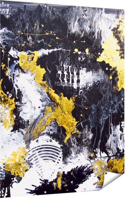 Gards Tuinposter Abstracte Kunst met Zwart, Wit en Goud - 120x160 cm - Tuindoek - Tuindecoratie - Wanddecoratie buiten - Tuinschilderij