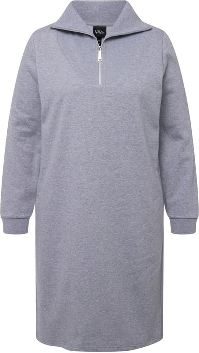 Ulla Popken - Dames - Sweatjurk Troy-kraag rits lange mouw - Lichtgrijs melange - Maat 46+