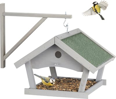 hangend vogelvoederhuisje - muur - 35 x 42,5 x 40,5 cm - hout - voedertafel kleine vogels - grijs