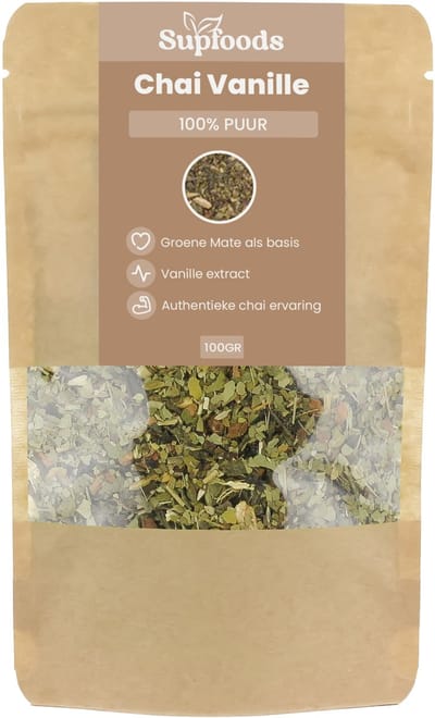 Chai Vanille - 100% Puur - 100gr - Perfect als Losse Kruidenthee of Chai Latte - Chai Mix met Groene Mate, Ceylon Kaneel, Kardemom en Vanille Extract