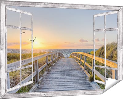 Gards Tuinposter Doorkijk Voetpad met Zee en Vogels - 150x100 cm - Tuindoek - Tuindecoratie - Wanddecoratie buiten - Tuinschilderij