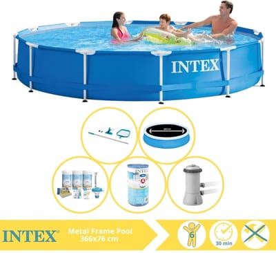 Intex Rond Frame Zwembad - 366 x 76 cm - Blauw - Inclusief Solarzeil - Onderhoudspakket - Zwembadfilterpomp - Filter - Schoonmaakset - 6-delig