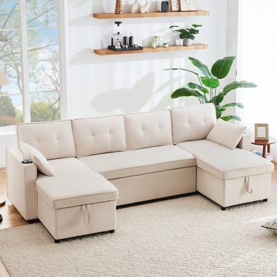 REDOM - U-Vormige Slaapbank - Met Opbergruimte En Bekerhouders - Modern - Voor Woonkamer Of Logeerkamer - Katoen-Linnen - Beige
