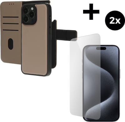 Mobiparts Leather 2 in 1 Wallet Case hoesje geschikt voor Apple iPhone 15 Pro Max met 2 Screenprotectors van Gehard Glas - Beige