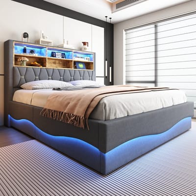 MEUNIQ tweepersoons gestoffeerd bed 180 x 200 cm met hydraulische opbergruimte, open opbergvak, APP-gestuurde LED-verlichting, USB-aansluiting en metalen lattenbodem, grijs