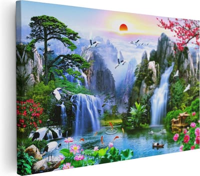 Artaza Canvas Schilderij Kraanvogels - 30x20 cm - Klein - Wanddecoratie Waterval - Muurdecoratie Bloesem - Kamer Accessoires Bergen