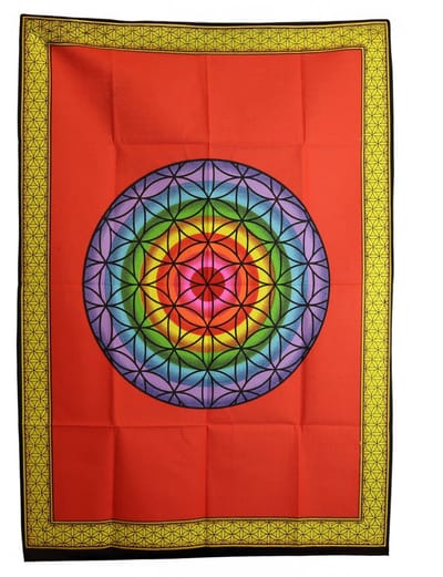 Ancient Wisdom - Wandkleed - Katoenen wanddecoratie 70x110cm - regenboog - levensbloem - muurdecoratie - bohemian - kunst