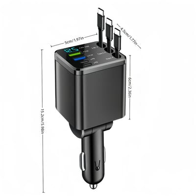 Autolader-Sigarettenaansteker-7-in-1 Auto Snellader -3 Intrekbare Snellaadkabels, 180° Richtingaanpassing-LED Digitaal Display-Compatibel met iPhone en Type-C Apparaten.