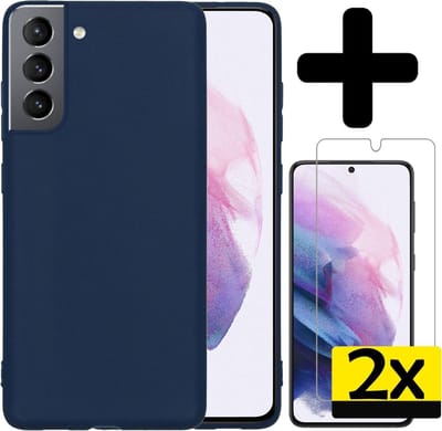 Hoesje - Met 2x Screenprotector - Geschikt voor Samsung Galaxy S21 - Sterk & Shockproof - Back Cover - Siliconen Case - Telefoon Hoes - Telefoonhoesjes - Donkerblauw