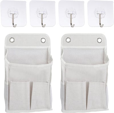 Dailygoods- Hangorganizer wit met 4 haken - 2 stuks - Wandorganizer - Deurorganizer - Opbergtas - Katoen/Linnen materiaal - Opbergzak