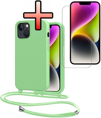 Hoes Geschikt voor iPhone 13 Mini Met Telefoonkoord Met Screenprotector - Siliconen Hoesje Backcover Met Ketting - Groen