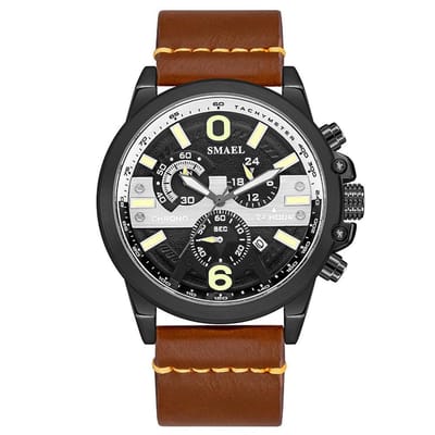 Chronograaf Heren Horloge (47mm diameter) Zwart stalen kast met Bruin Leder band | Gele details | Casual-style | SMAEL 9010A33 | Waterdicht |Analoog |Stopwatch | Mud | Shock bestendig| Leger | Leer | Lerenband | Timer | Master