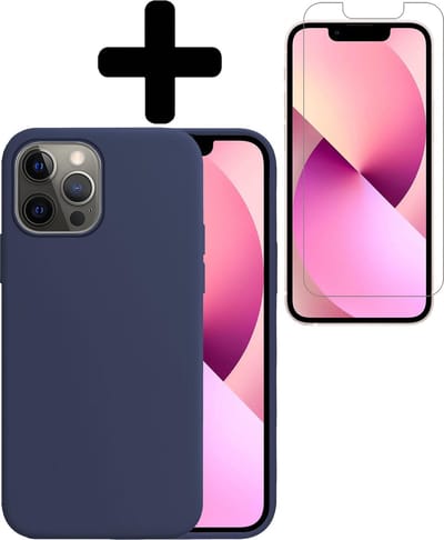 Hoesje - Met Screenprotector - Geschikt voor Apple iPhone 13 Pro - Sterk & Shockproof - Back Cover - Siliconen Case - Telefoon Hoes - Telefoonhoesjes - Donkerblauw