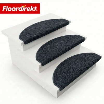Floordirekt Trapmatten Madrid - Halfronde Shaggy Trapmat - 65 x 23,5 cm - Zwart - Zelfklevend & Geluidsdempend - Veilig & Comfortabel voor Huis & Trap - in 5 Kleuren