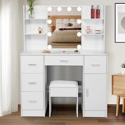Make-uptafel met verlichting - 5 laden - 6 planken - schuifspiegel - wit - 140 x 100 x 40 cm make up tafel