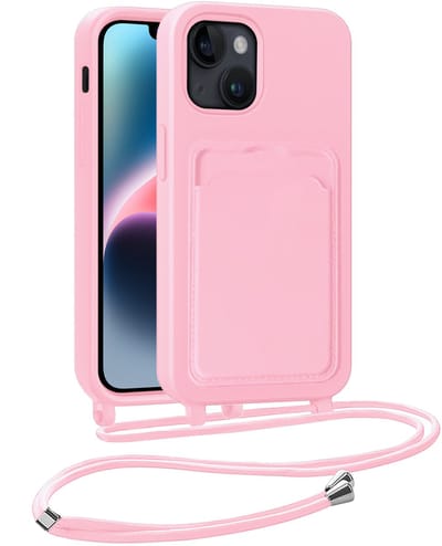 Hoesje Geschikt voor iPhone 13 Telefoonhoesje Met Koord Case Pashouder Siliconen - Hoes Geschikt voor iPhone 13 Hoesje Met Kaarthouder - Lichtroze