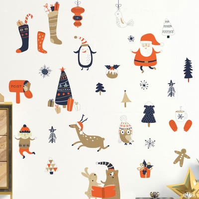Kerststickers van de Kerstman en zijn dieren - zelfklevende kerststickers - feestdecoraties - 60x65cm