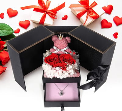 KZQ Hartvormige teddybeer geschenkdoos - Creatieve rozen geschenkdoos - Moederdagcadeau - Verjaardagscadeau - Valentijnsdagcadeau - Perfect te combineren met kettingen, armbanden of oorbellen (ketting niet inbegrepen)
