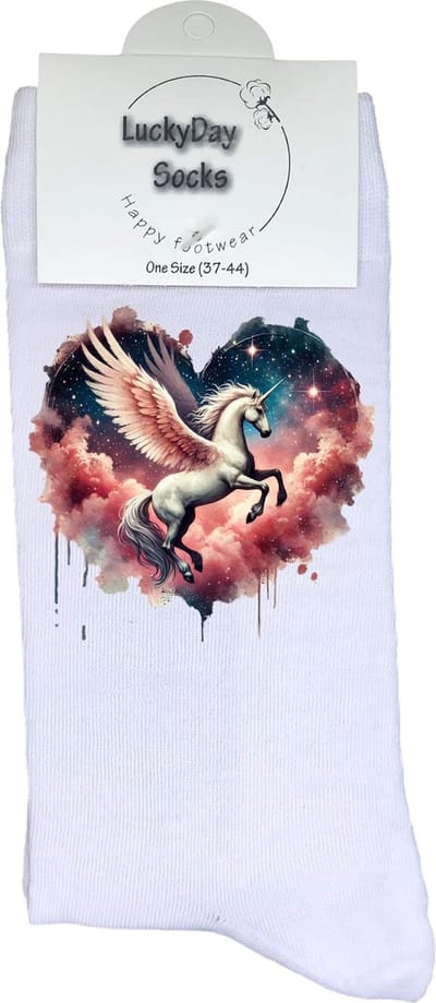 Eenhoorn - Opkikkertje - Fantasie - Hartje - Valentijn - Liefde - Vleugels - Grappige sokken - Valentijn cadeau - Verjaardag - Geluk - Grappige sokken - Leuke sokken - Vrolijke sokken - Kleur - Kerst sokken - Vaderdag - Moederdag - Socks maken Happy