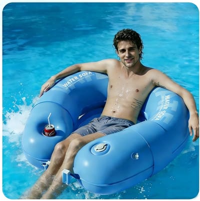 Ulisem - Opblaasbare zwemstoel - Voor volwassenen - Gebouwd pompje - Inclusief bekerhouder - Lekvrij ventiel - 90 kg draagvermogen - Geschikt voor zwembad en strand - PVC en gaaszit - Draagbaar - Blauw