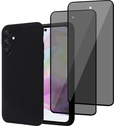 Geschikt voor Samsung Galaxy A35 - Hoesje + 2x Privacy Screenprotector – Privé Gehard Glas Cover - Suède Case Zwart