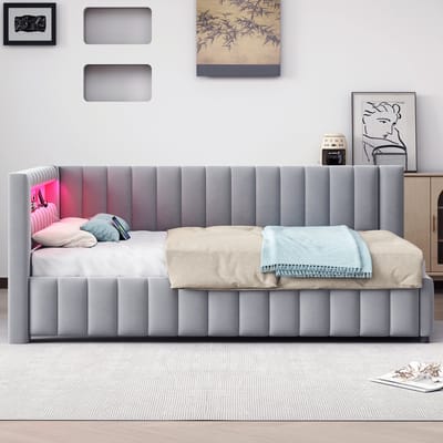 Wishdor Gestoffeerd Tweepersoonsbed L-Vormige Slaapsofa met LED Verlichting en USB Aansluiting - 140x200 cm - Lichtgrijs Fluweel - Dagbed