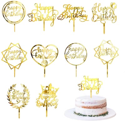 Dailygoods- Taarttoppers Gouden Set van 10 - Taartdecoratie - Cupcake-opzetstukken - Verjaardagstaart-vlaggen - Robuust Acryl - Herbruikbaar en Veilig