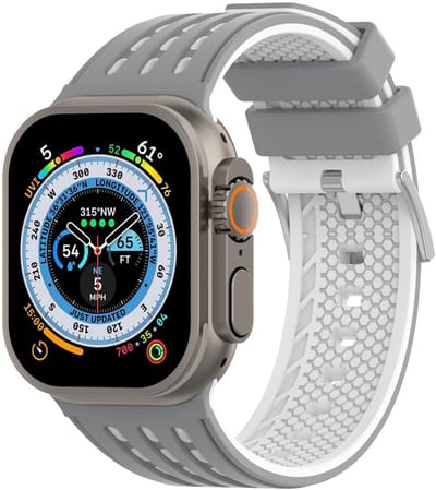 Siliconen bandje - geschikt voor Apple Watch series 1/2/3/4/5/6/7/8/9/10/11/ SE (1,2,3) / Ultra (1,2,3) met maat 44 mm / 45 mm / 46 mm / 49 mm - rvs gespsluiting - grijs wit
