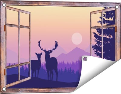 Gards Tuinposter Doorkijk Twee Herten - Zonsondergang - Silhouet - 60x40 cm - Tuindoek - Tuindecoratie - Wanddecoratie buiten - Tuinschilderij