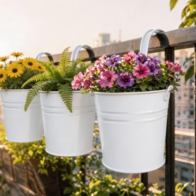 4 stuks hangende bloempot met drainagegat, metalen bloempot met afneembare haken, hangpotten voor planten, vintage stijl, decoratie, balkon, tuin, muur, omheining, buiten, binnenwand (wit)