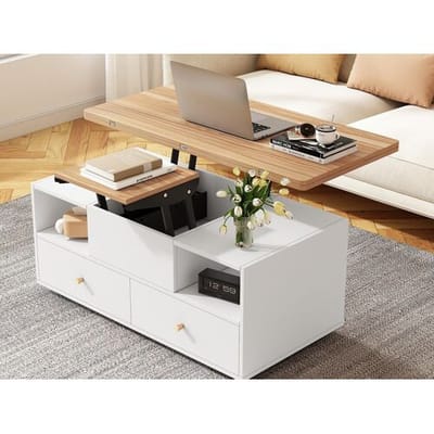 ModernLuxe Salontafel 100×50×47.5 cm - met opklapfunctie - 4 laden - met draaibare wieltjes - wit + naturel