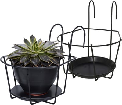 Gerimport Balkon bloempothouder - 2x - bloembak met ophanging - zwart metaal - 24 x 18 x 17 cm - rond - Balkonbakken