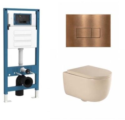 QeramiQ Dely Swirl Toiletset - inbouwreservoir Qeramiq Flush - 35mm zitting - metaal koperen bedieningsplaat - rechthoekige knoppen - beige