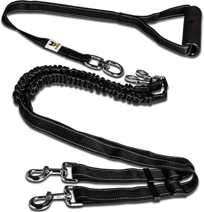 Dubbele Hondenriem - Twee Honden Lijn - Samen Uitlaten - Reflecterend Bungee - 165-220 cm - Zwart
