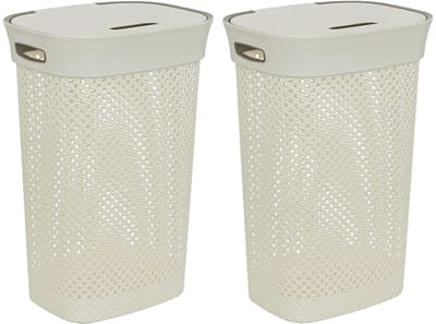5Five Wasmand met deksel Rotan - 2x - wit - gevlochten kunststof - 60 liter - 42 x 33 x 61 cm - Badkamer accessoires
