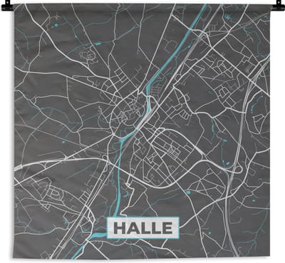 Wandkleed - Wanddoek - België – Halle – Stadskaart – Kaart – Blauw – Plattegrond - 180x180 cm - Wandtapijt