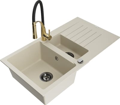 Mexen Matias granieten spoelbak 1,5-komers met afdruiprek en keukenmengkraan Aster, beige - 6502-69-73450-57-B